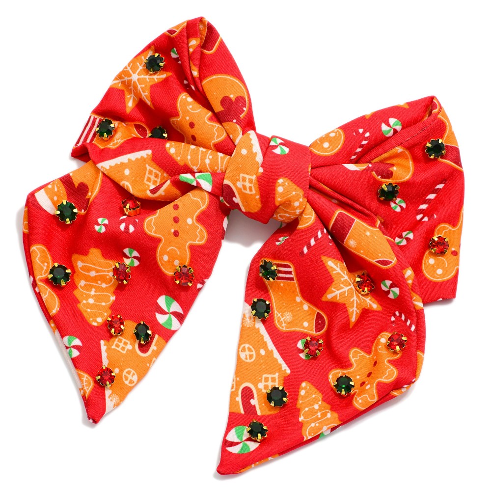 Gingerbread Print Clip In Hair Bow With Rhinestone Detailing - Approximately 7" L view 2
