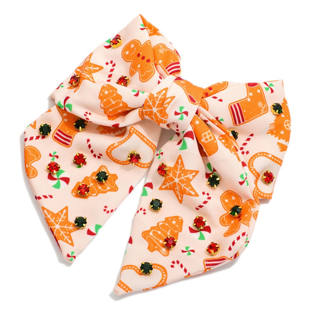 Gingerbread Print Clip In Hair Bow With Rhinestone Detailing - Approximately 7" L view 2