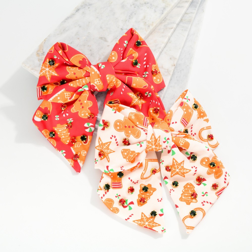 Gingerbread Print Clip In Hair Bow With Rhinestone Detailing - Approximately 7" L view 4