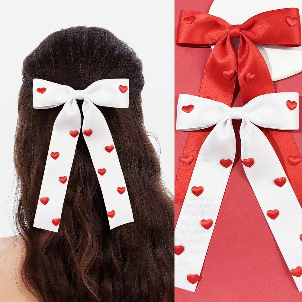 Satin Hair Bow With Heart Details - Approximately 7" L view 4