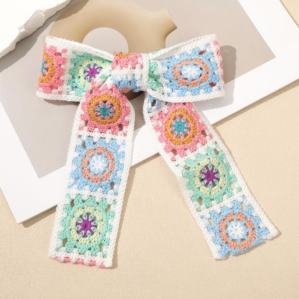Crochet Granny Square Clip In Hair Bow - Approximately 7" L view 2