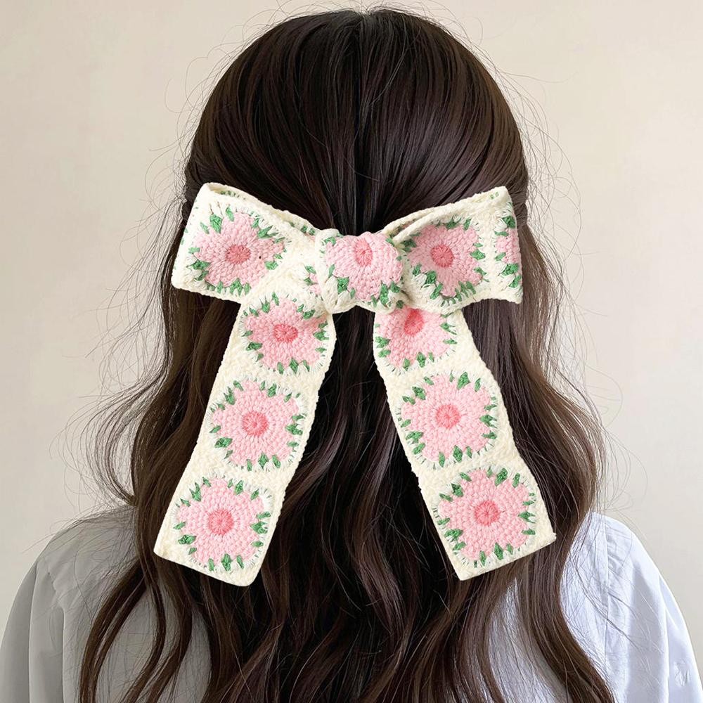Crochet Granny Square Clip In Hair Bow - Approximately 7" L view 4