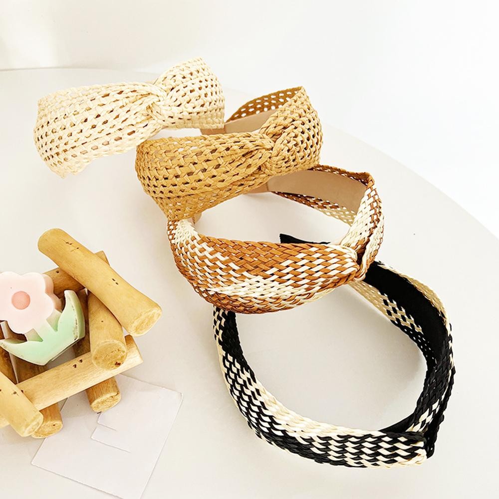 Two Tone Woven Raffia Knotted Headband - One Size view 4