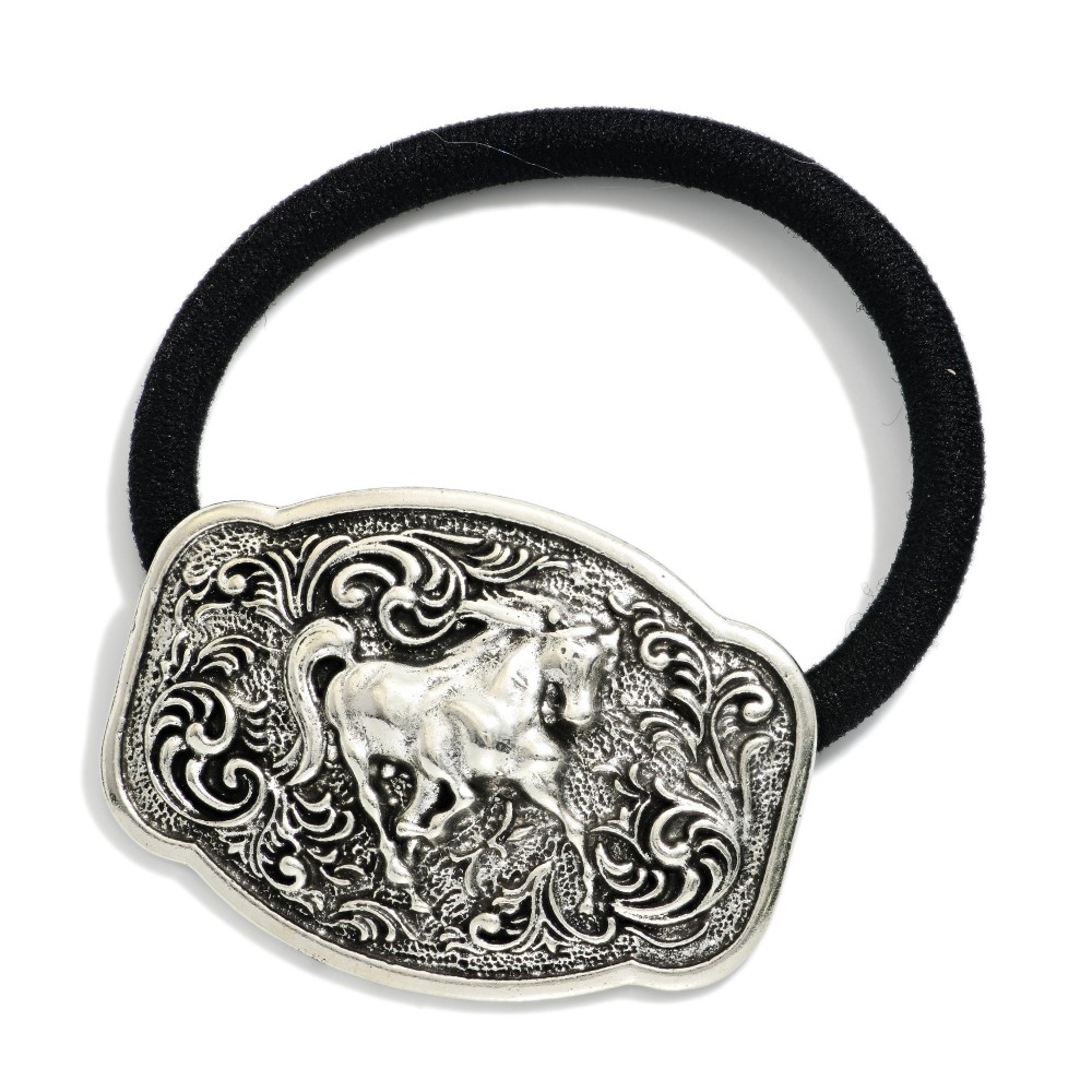 Rectangular Metal Tone Filigree Western Hair Tie Featuring Horse - Approximately 2.5" D view 2