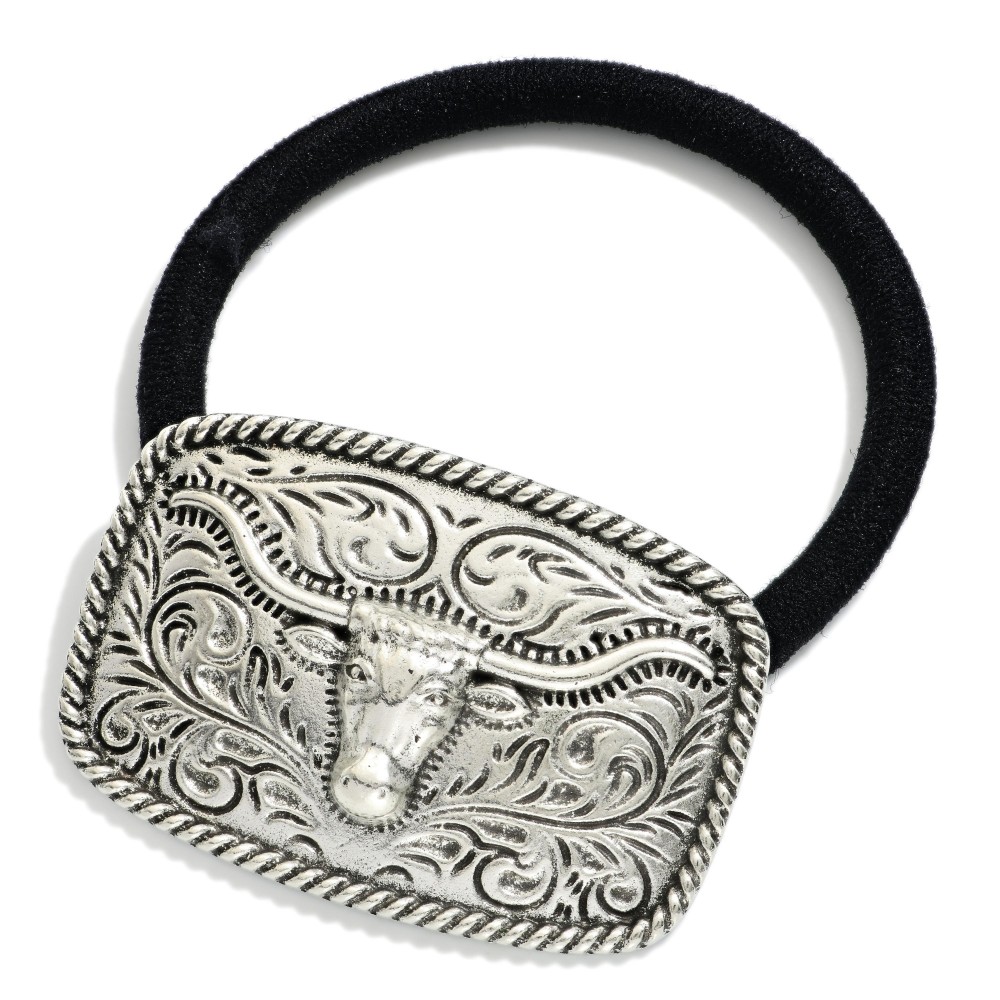 Rectangular Metal Tone Filigree Western Hair Tie Featuring Bull - Approximately 2" D view 2