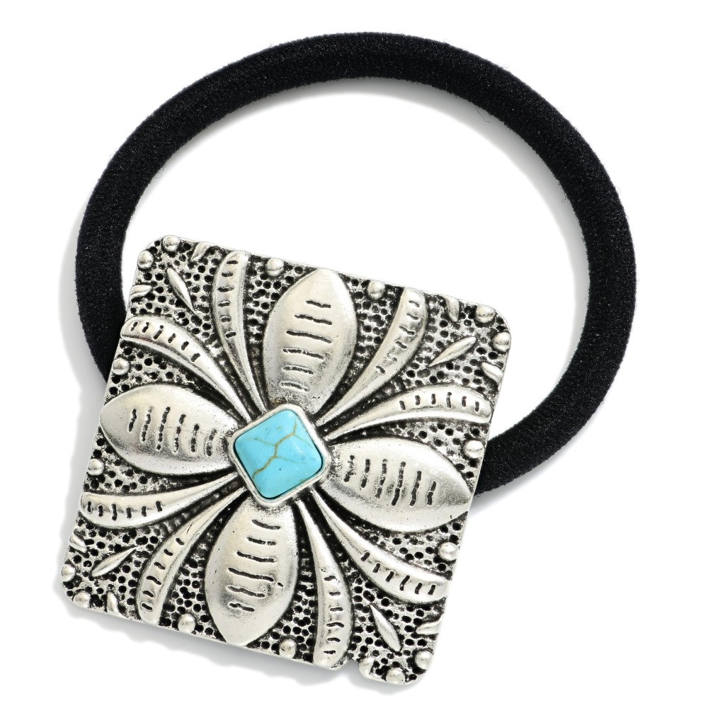 Squared Metal Tone Filigree Western Hair Tie Featuring Engraved Flower & Turquoise Stone Detail - Approximately 2." D view 2