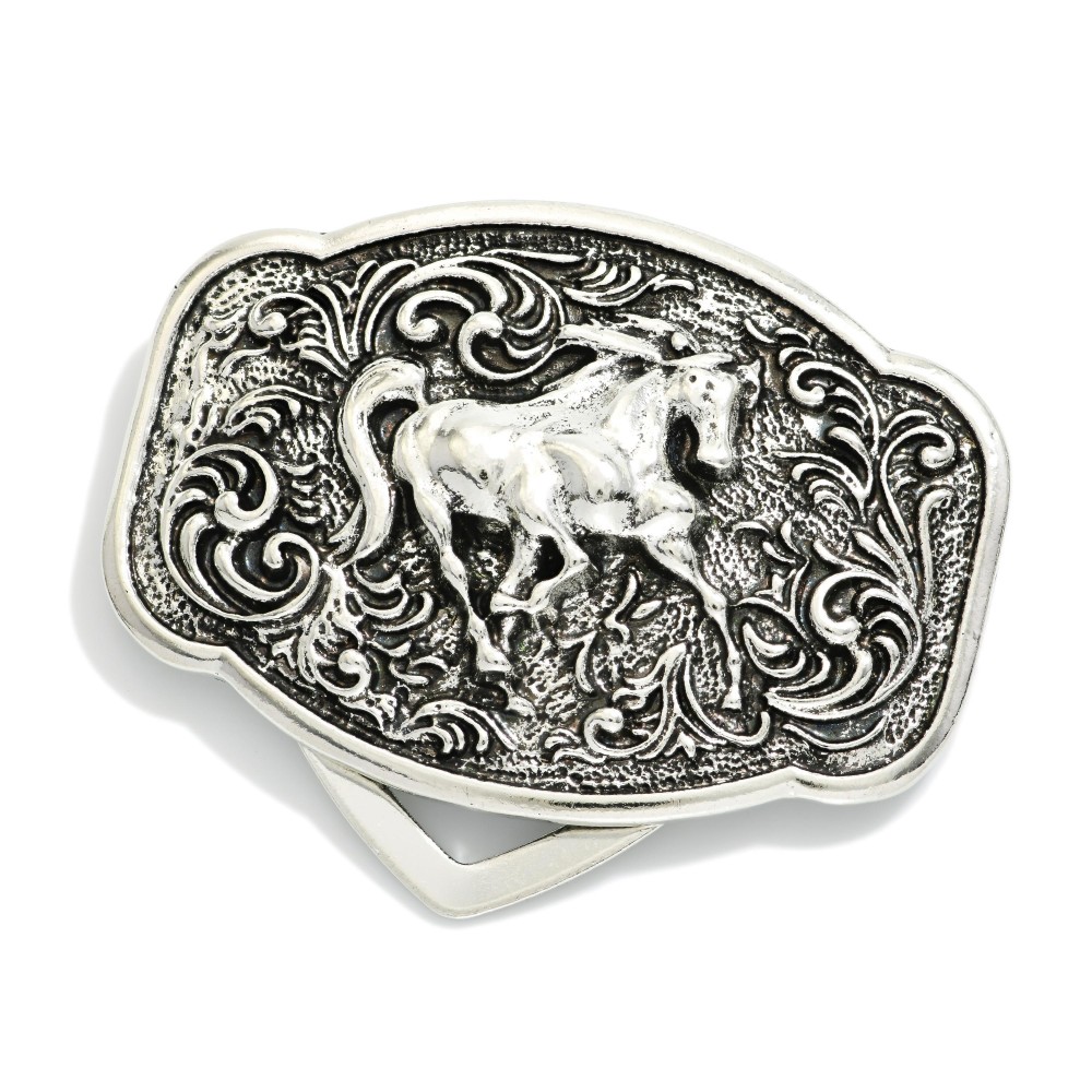 Rectangular Metal Tone Filigree Western Scarf Clip Featuring Engraved Horse - Approximately 1.5" D view 2