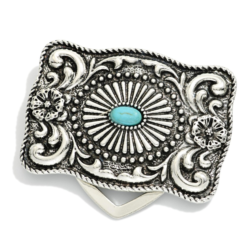 Rectangular Metal Tone Filigree Western Scarf Clip Featuring Turquoise Stone - Approximately 1.5" D view 2