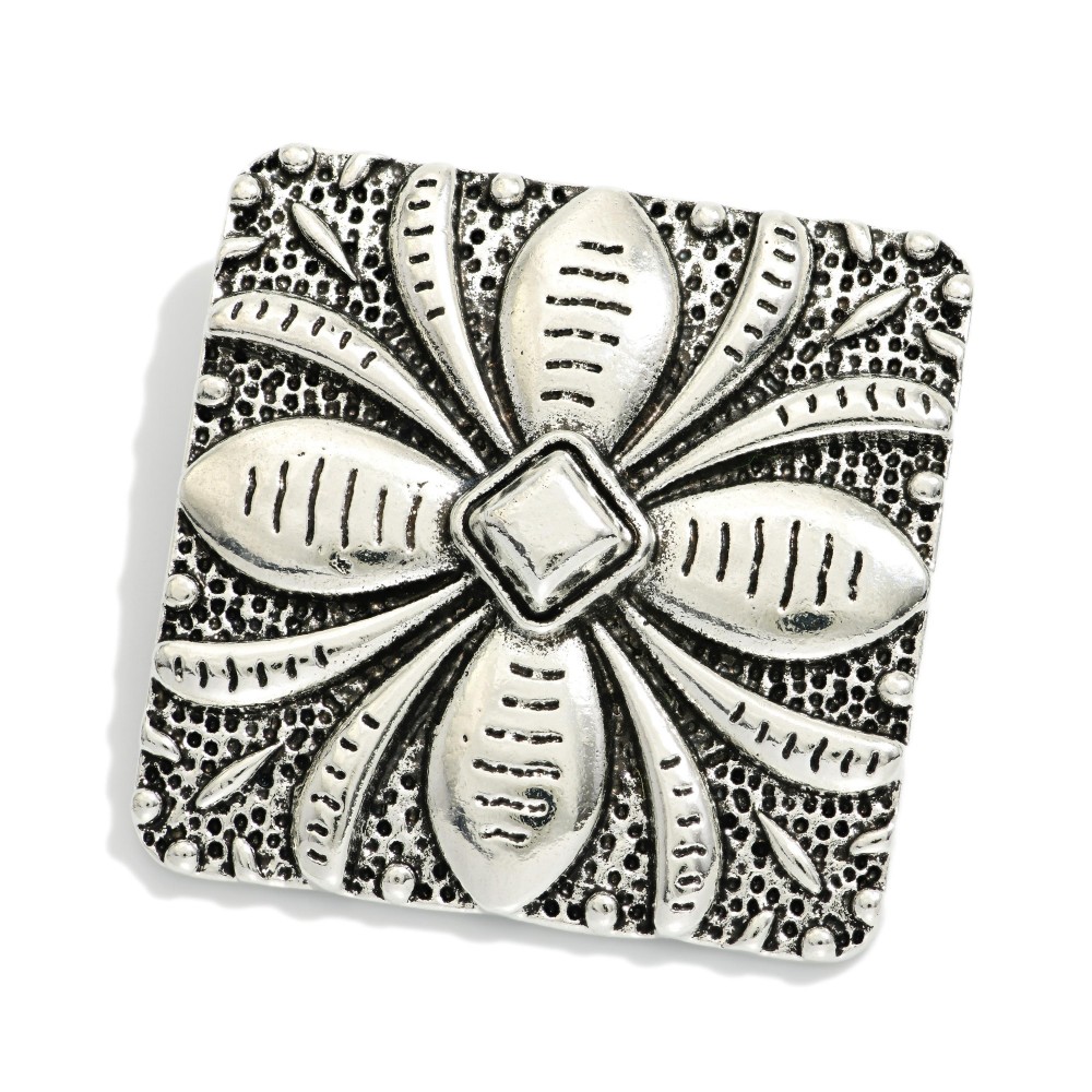Metal Tone Western Scarf Clip Featuring Engraved Flower Detail - Approximately 1.5" D view 2
