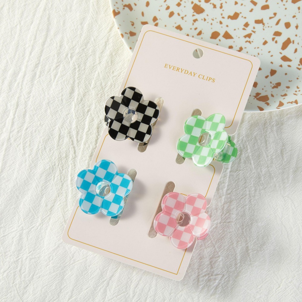 Set Of Four Checker Acetate Flower Claw Hair Clips - Approximately 2" L view 2