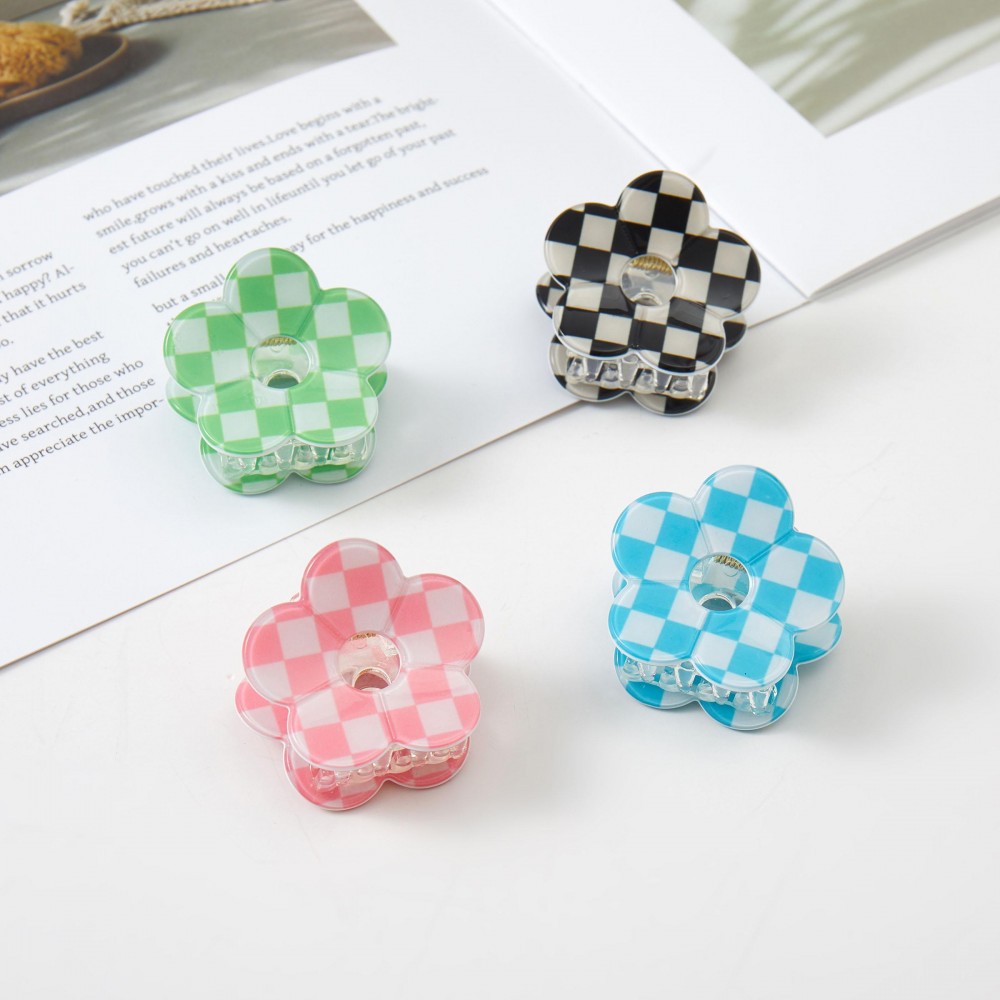 Set Of Four Checker Acetate Flower Claw Hair Clips - Approximately 2" L view 4