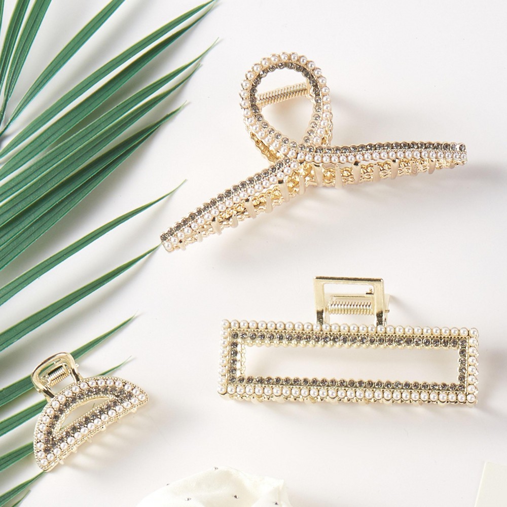 Set Of Three Pearl & Rhinestone Claw Hair Clips - Approximately 1" - 4" L view 4