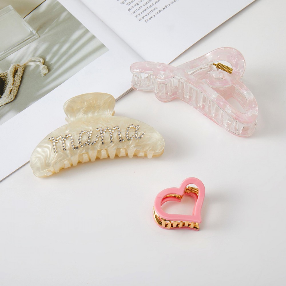 Set Of Three Marbled Acetate & Rhinestone "Mama" Claw Hair Clips - Approximately 1" - 4" L view 4