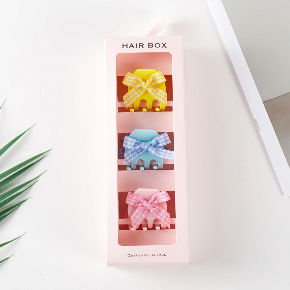 Set Of Three Acetate Claw Hair Clips With Gingham Bow Detail - Gift Box Included - Approximately 1" L view 2