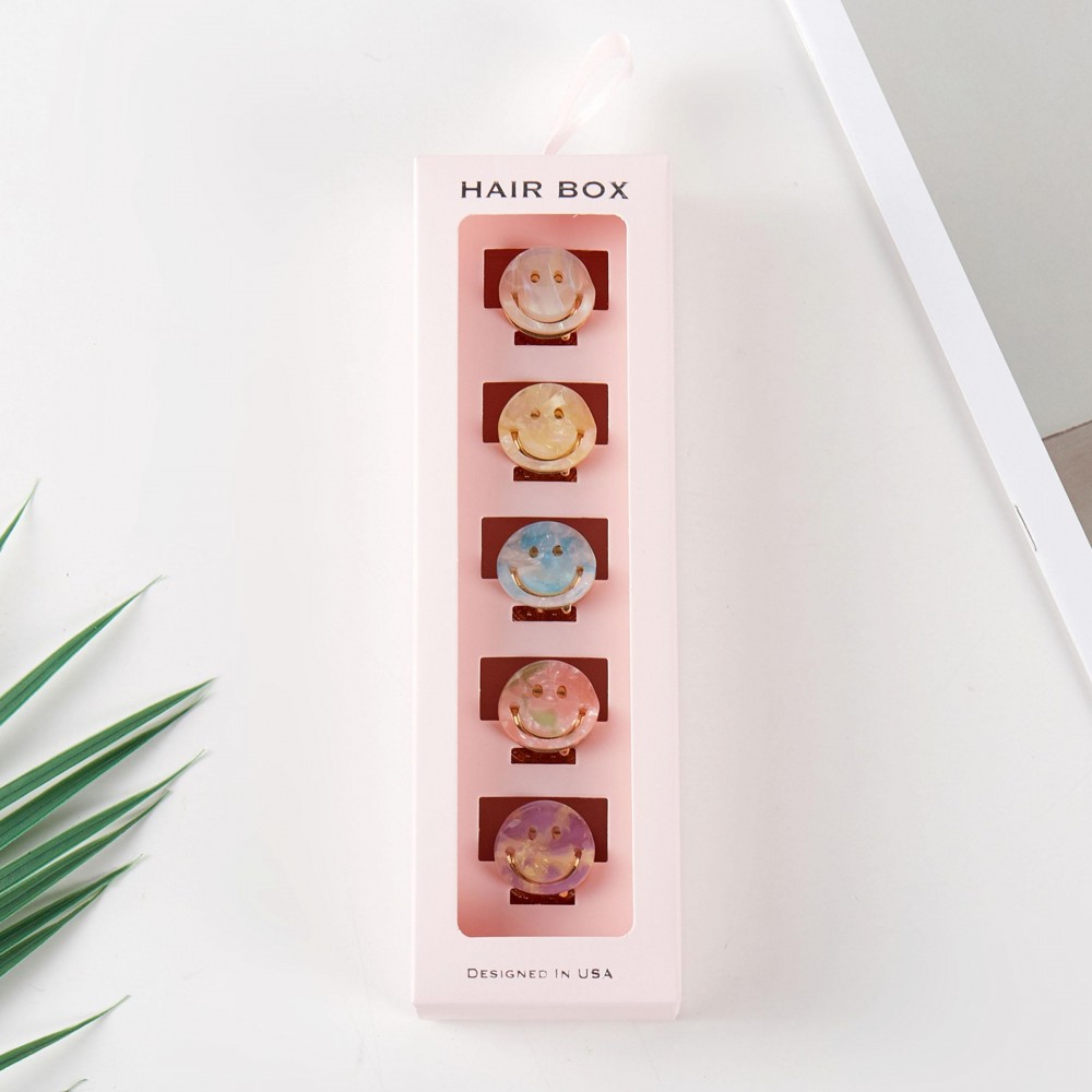 Set Of Five Mini Marbled Acetate Happy Face Claw Hair Clips - Gift Box Included - Approximately .75" L view 2