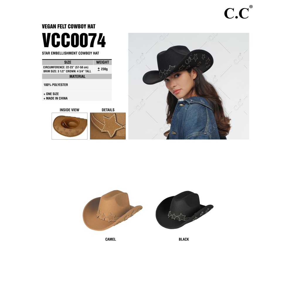 C.C VCC0074 Star Embellishment Cowboy Hat - One Size Fits Most - Brim Approximately 3.5" W - 100% Polyester view 4