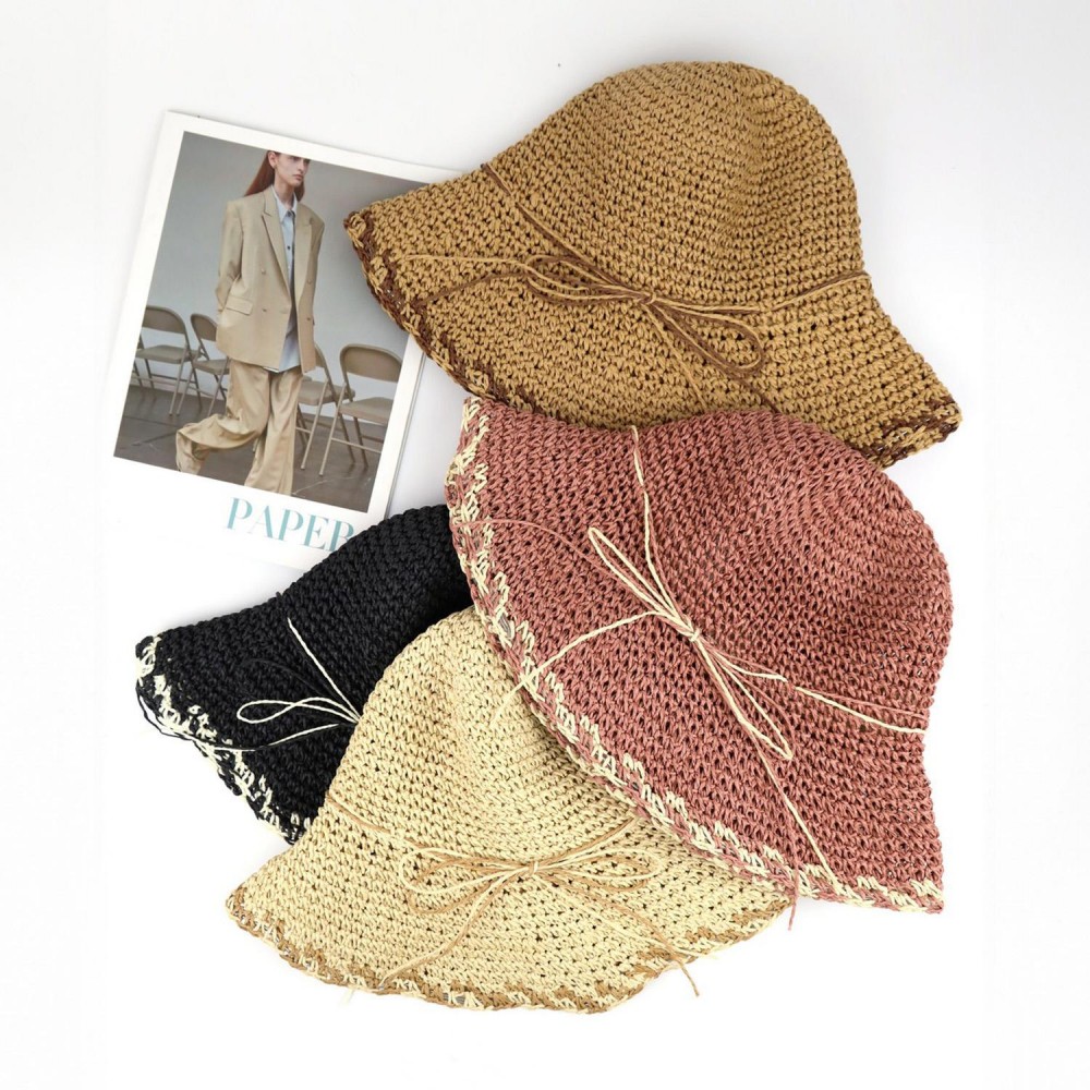 Straw Bucket Hat With Moldable Brim & Straw Bow Detail - One Size Fits Most - 100% Paper - Brim 3.25" L view 4