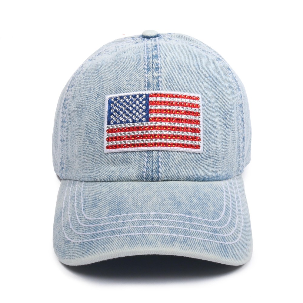 Rhinestone American Flag Patch Baseball Cap - One Size Fits Most - Velcro Adjustable Closure - 100% Cotton view 2