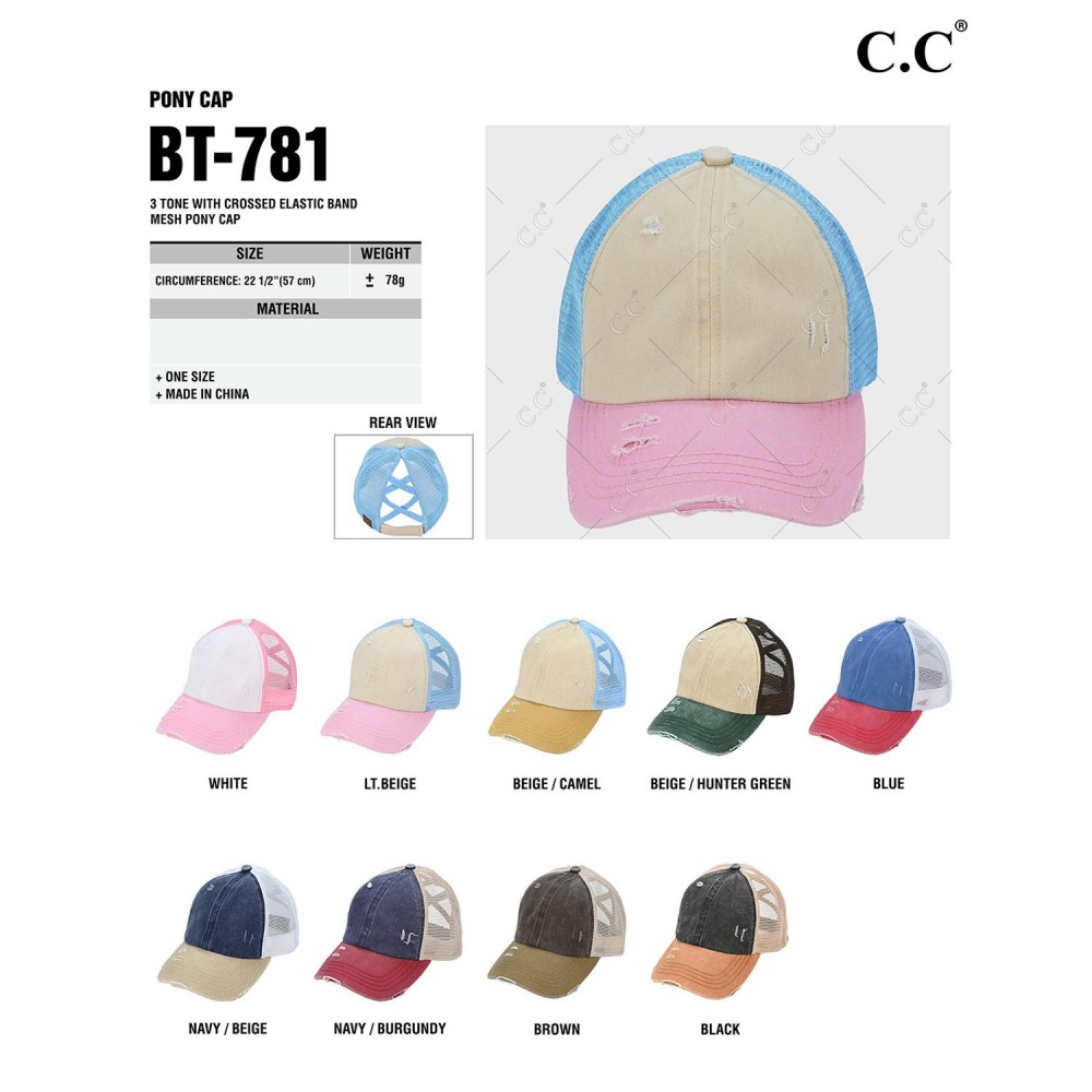 C.C BT-781 Distressed Criss-Cross Cap - One Size Fits Most - Criss-Cross Pony Tail Opening - Adjustable Velcro Closure - 60% Cotton 40% Polyester view 4