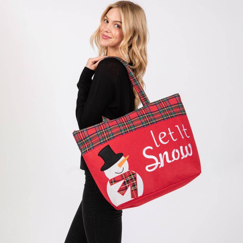 Felt Embroidered 'Let It Snow' & Snowman Tote Bag With Plaid Detail - Lined Inside - One Open Pocket - Approximately 19.5" L X 13.5" T X 6.5" D - Strap Drop 8.5" L - 100% Polyester view 2