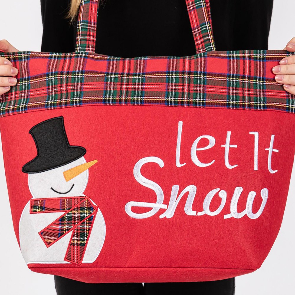 Felt Embroidered 'Let It Snow' & Snowman Tote Bag With Plaid Detail - Lined Inside - One Open Pocket - Approximately 19.5" L X 13.5" T X 6.5" D - Strap Drop 8.5" L - 100% Polyester view 4