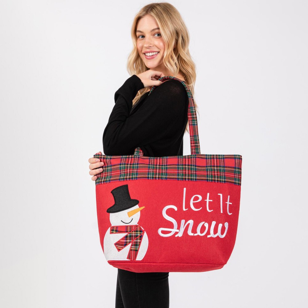 Felt Embroidered 'Let It Snow' & Snowman Tote Bag With Plaid Detail - Lined Inside - One Open Pocket - Approximately 19.5" L X 13.5" T X 6.5" D - Strap Drop 8.5" L - 100% Polyester view 6