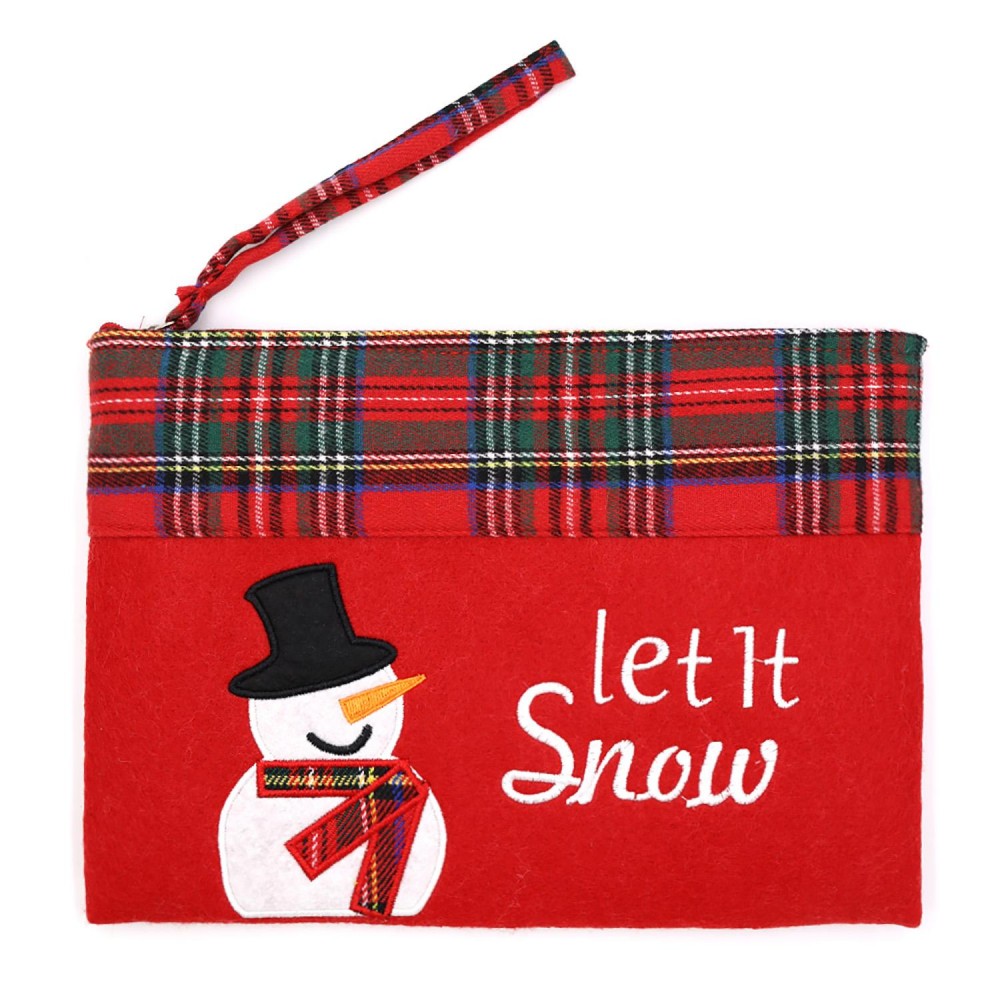Felt Embroidered 'Let It Snow' & Snowman Pouch With Plaid Detail - Lined Inside - One Open Pocket - Approximately 10" L X 7" T - 100% Polyester view 2