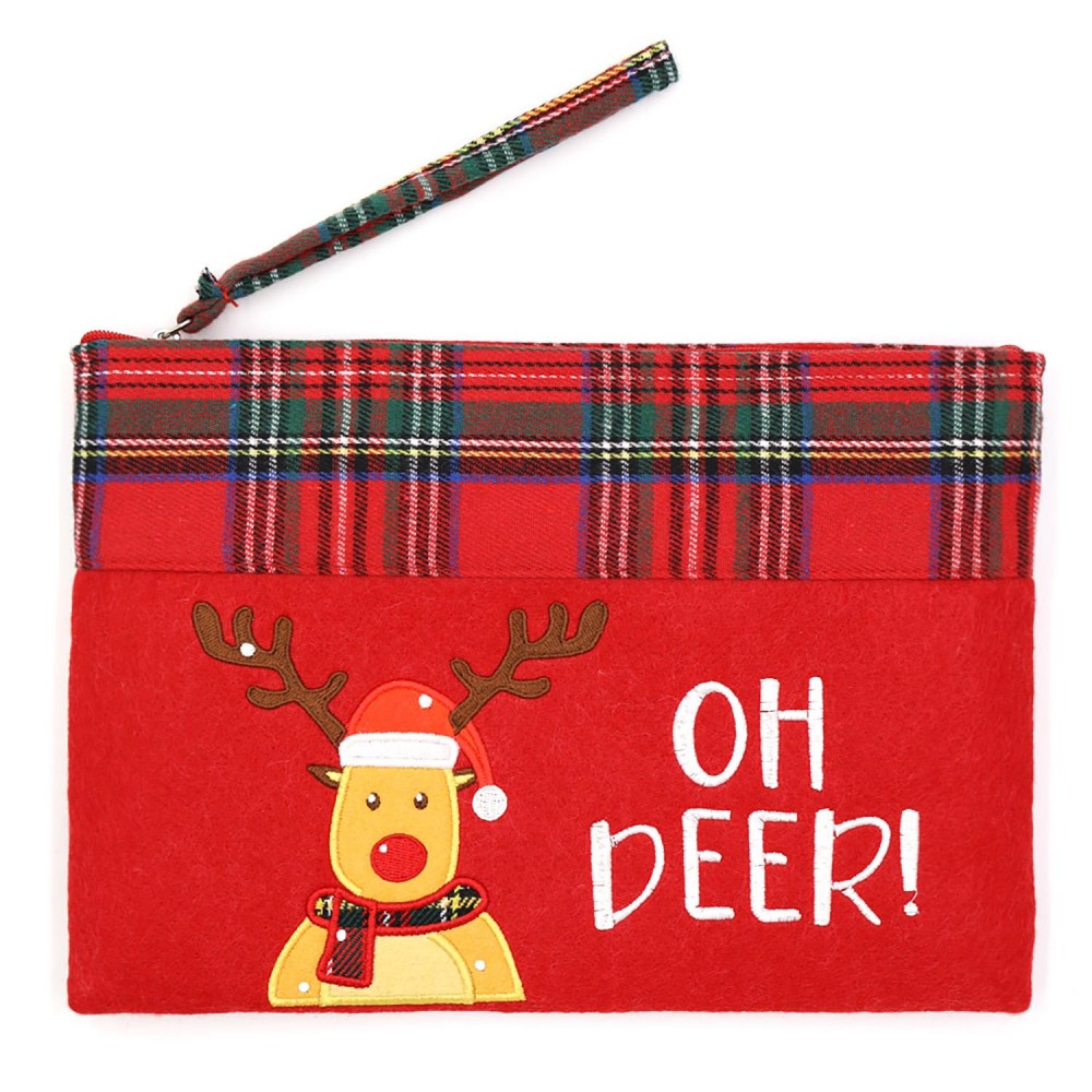 Felt Embroidered 'OH DEER!' & Reindeer Pouch With Plaid Detail - Lined Inside - One Open Pocket - Approximately 10" L X 7" T - 100% Polyester view 2