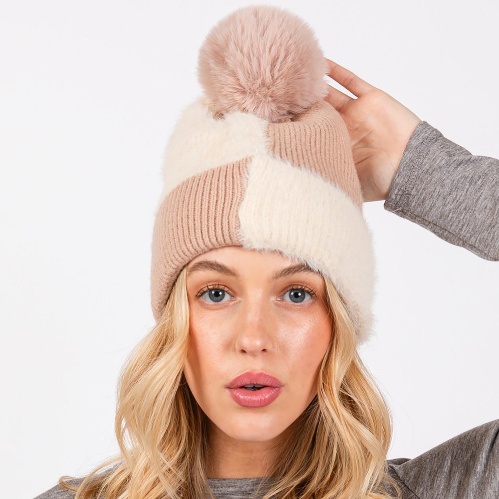 Two Tone Faux Fur & Knit Beanie With Faux Fur Pom - Lined Inside - One Size Fits Most - 50% Acrylic / 50% Nylon view 2