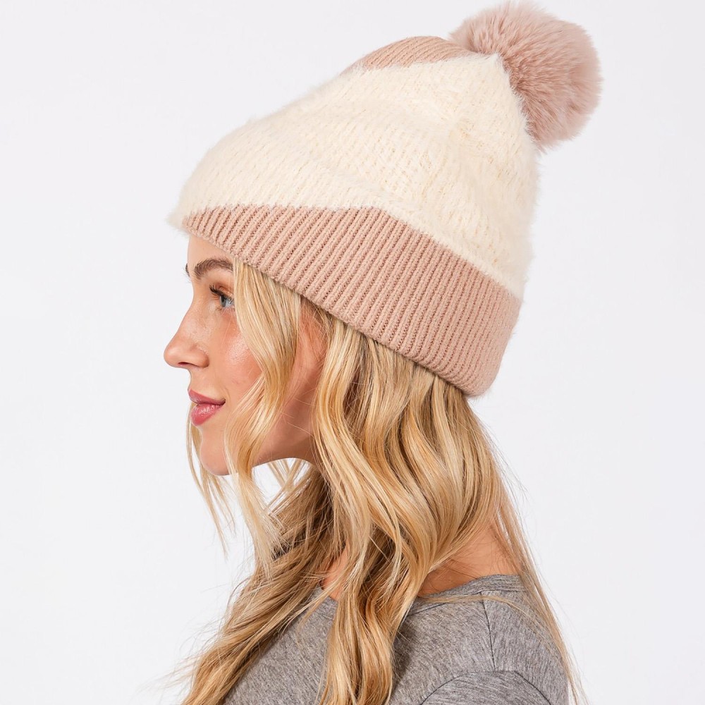 Two Tone Faux Fur & Knit Beanie With Faux Fur Pom - Lined Inside - One Size Fits Most - 50% Acrylic / 50% Nylon view 4