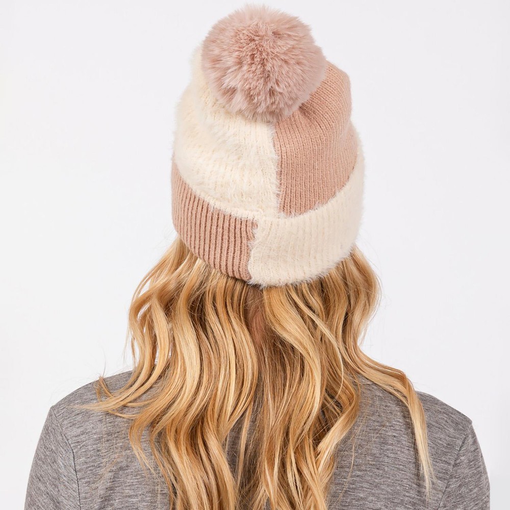 Two Tone Faux Fur & Knit Beanie With Faux Fur Pom - Lined Inside - One Size Fits Most - 50% Acrylic / 50% Nylon view 6