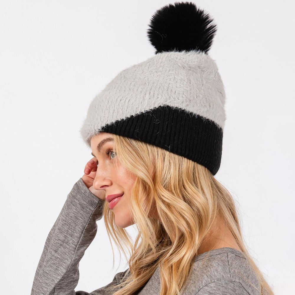 Two Tone Faux Fur & Knit Beanie With Faux Fur Pom - Lined Inside - One Size Fits Most - 50% Acrylic / 50% Nylon view 4