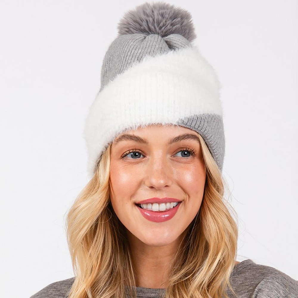 Two Tone Faux Fur & Knit Beanie With Faux Fur Pom - Lined Inside - One Size Fits Most - 50% Acrylic / 50% Nylon view 2