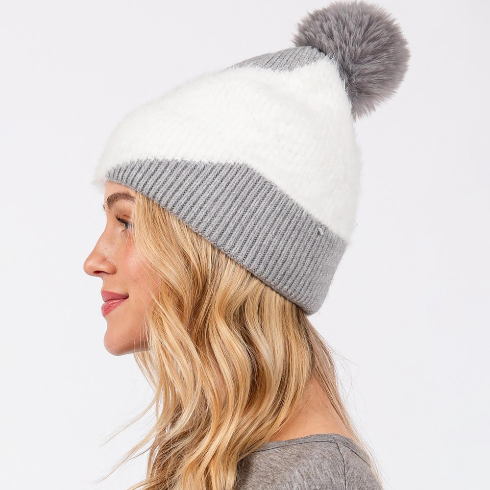 Two Tone Faux Fur & Knit Beanie With Faux Fur Pom - Lined Inside - One Size Fits Most - 50% Acrylic / 50% Nylon view 4