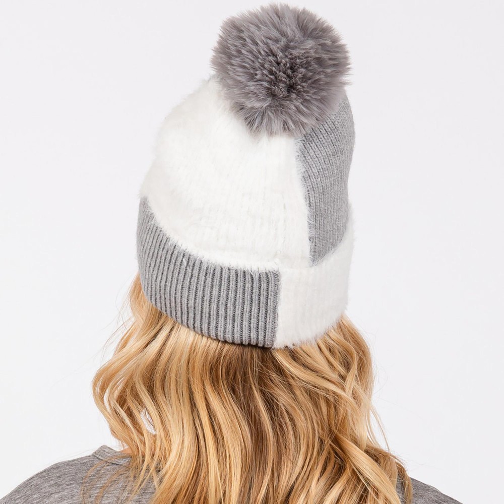 Two Tone Faux Fur & Knit Beanie With Faux Fur Pom - Lined Inside - One Size Fits Most - 50% Acrylic / 50% Nylon view 6