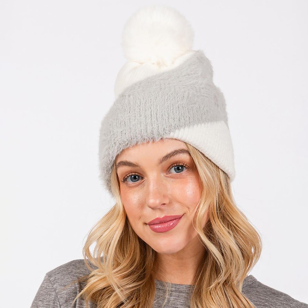 Two Tone Faux Fur & Knit Beanie With Faux Fur Pom - Lined Inside - One Size Fits Most - 50% Acrylic / 50% Nylon view 2