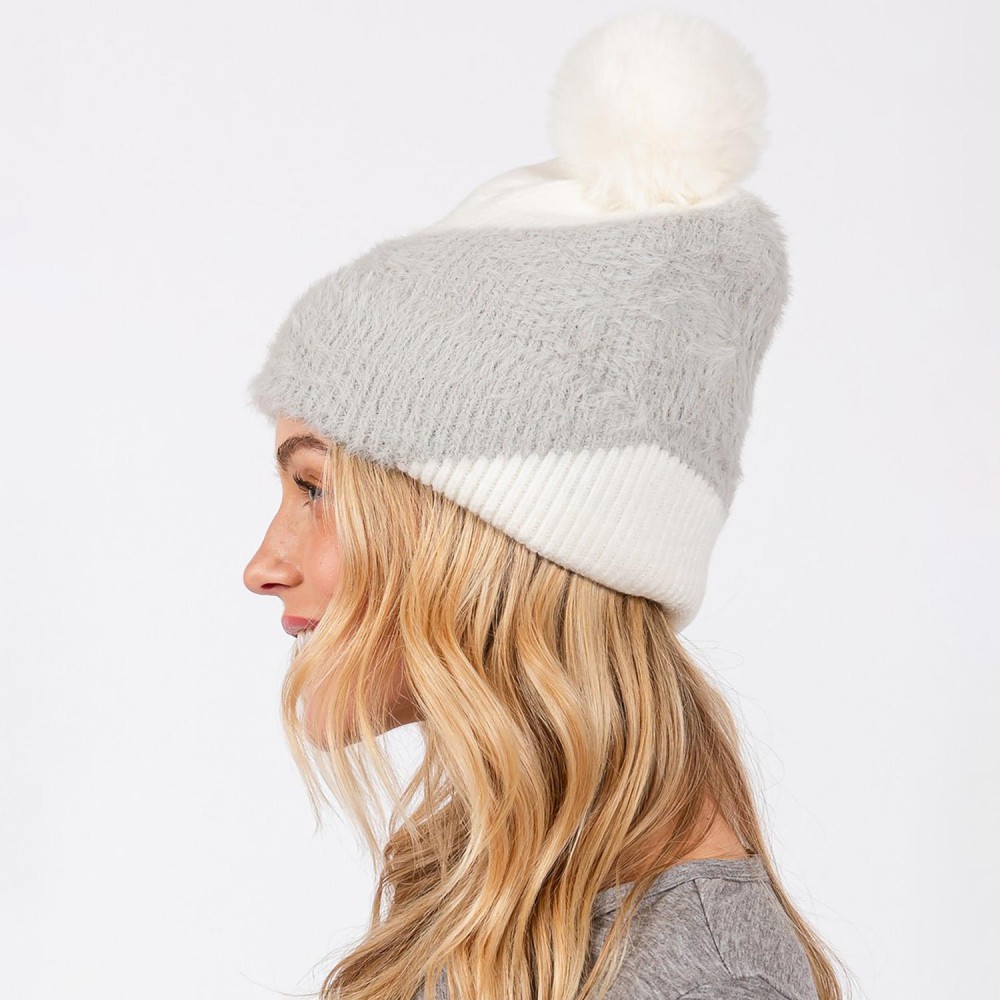 Two Tone Faux Fur & Knit Beanie With Faux Fur Pom - Lined Inside - One Size Fits Most - 50% Acrylic / 50% Nylon view 4