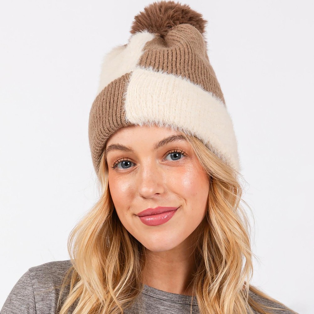 Two Tone Faux Fur & Knit Beanie With Faux Fur Pom - Lined Inside - One Size Fits Most - 50% Acrylic / 50% Nylon view 2