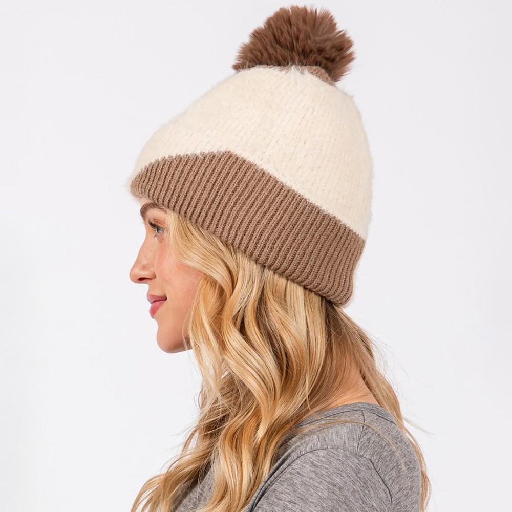 Two Tone Faux Fur & Knit Beanie With Faux Fur Pom - Lined Inside - One Size Fits Most - 50% Acrylic / 50% Nylon view 4