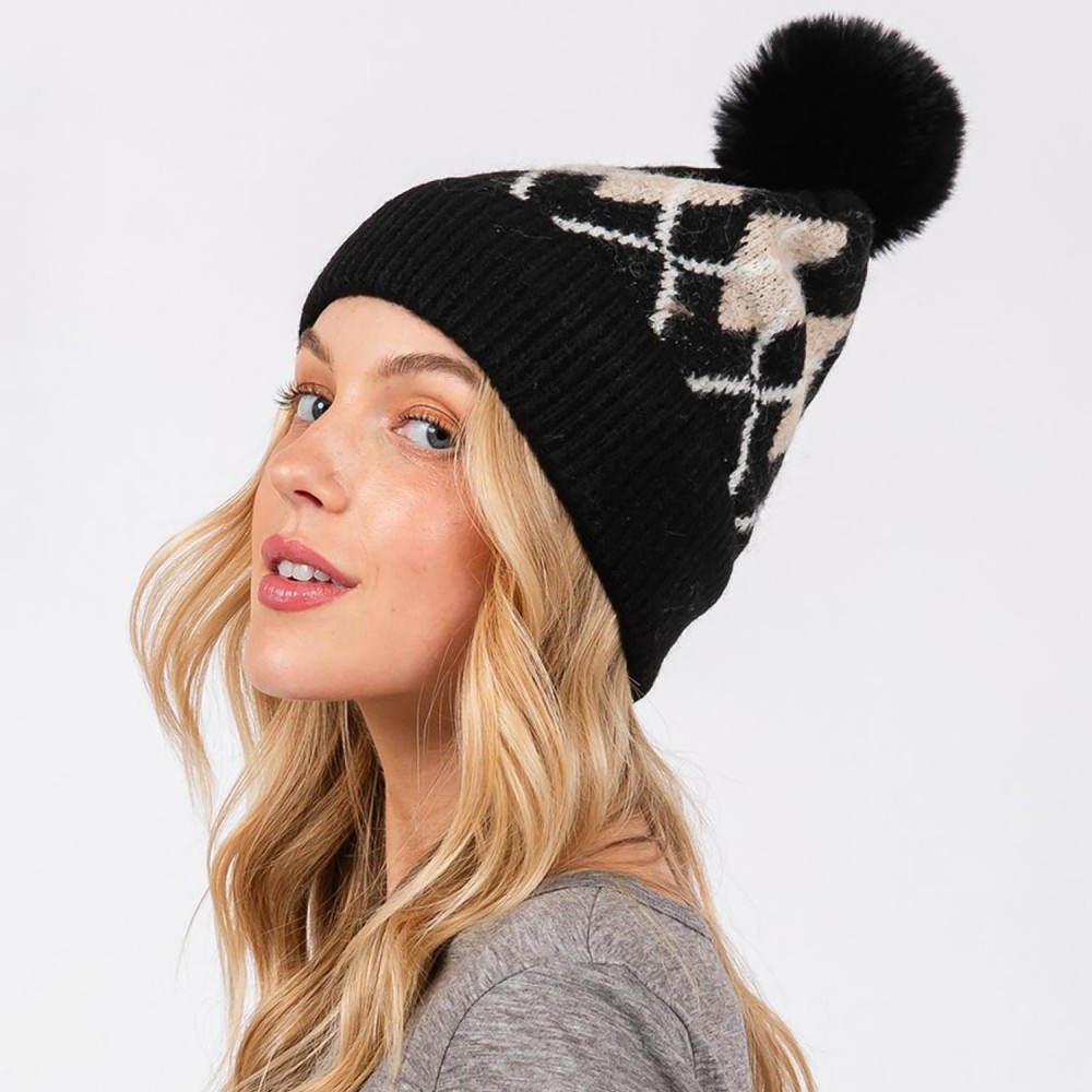 Argyle Pattern Cuffed Beanie With Faux Fur Pom - Lined Inside - One Size Fits Most - 90% Acrylic / 10% Wool view 2