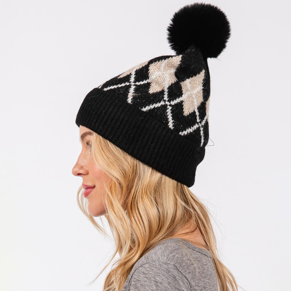 Argyle Pattern Cuffed Beanie With Faux Fur Pom - Lined Inside - One Size Fits Most - 90% Acrylic / 10% Wool view 4