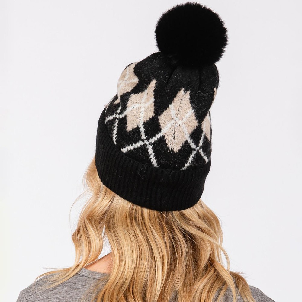 Argyle Pattern Cuffed Beanie With Faux Fur Pom - Lined Inside - One Size Fits Most - 90% Acrylic / 10% Wool view 6