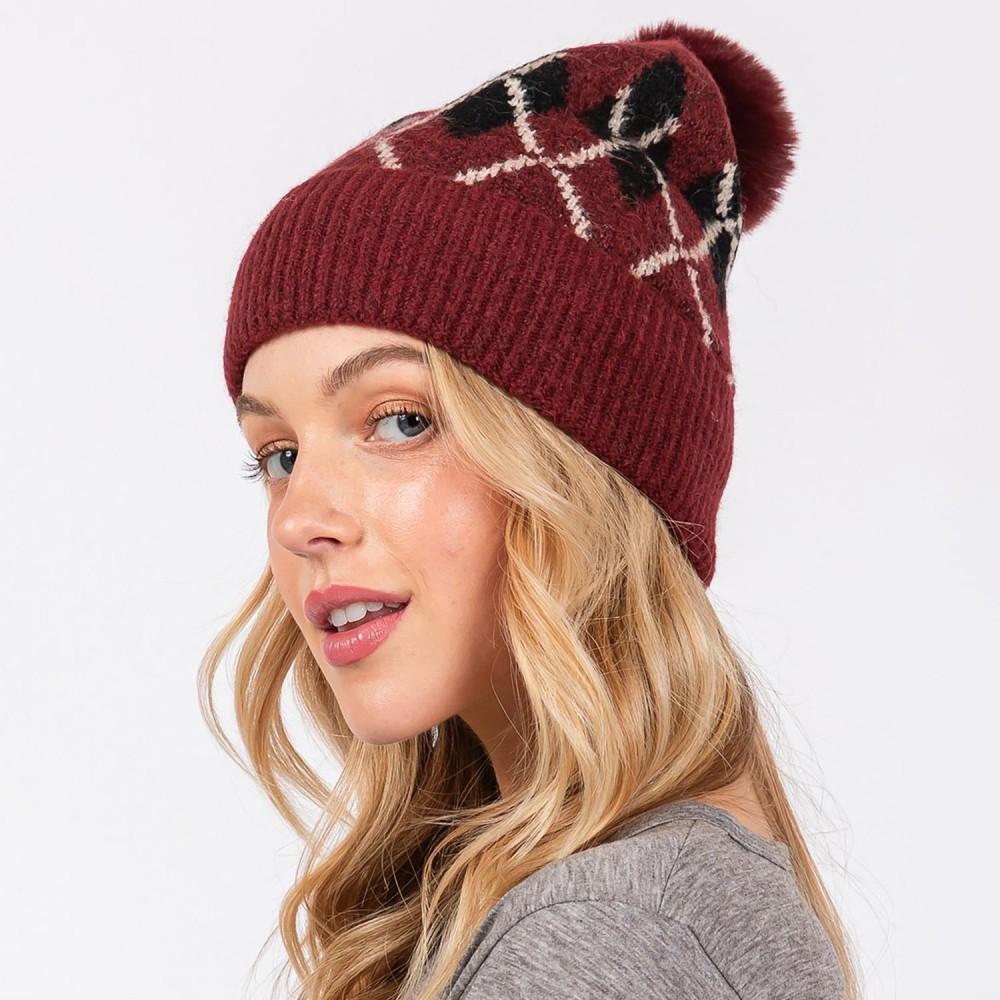 Argyle Pattern Cuffed Beanie With Faux Fur Pom - Lined Inside - One Size Fits Most - 90% Acrylic / 10% Wool view 2