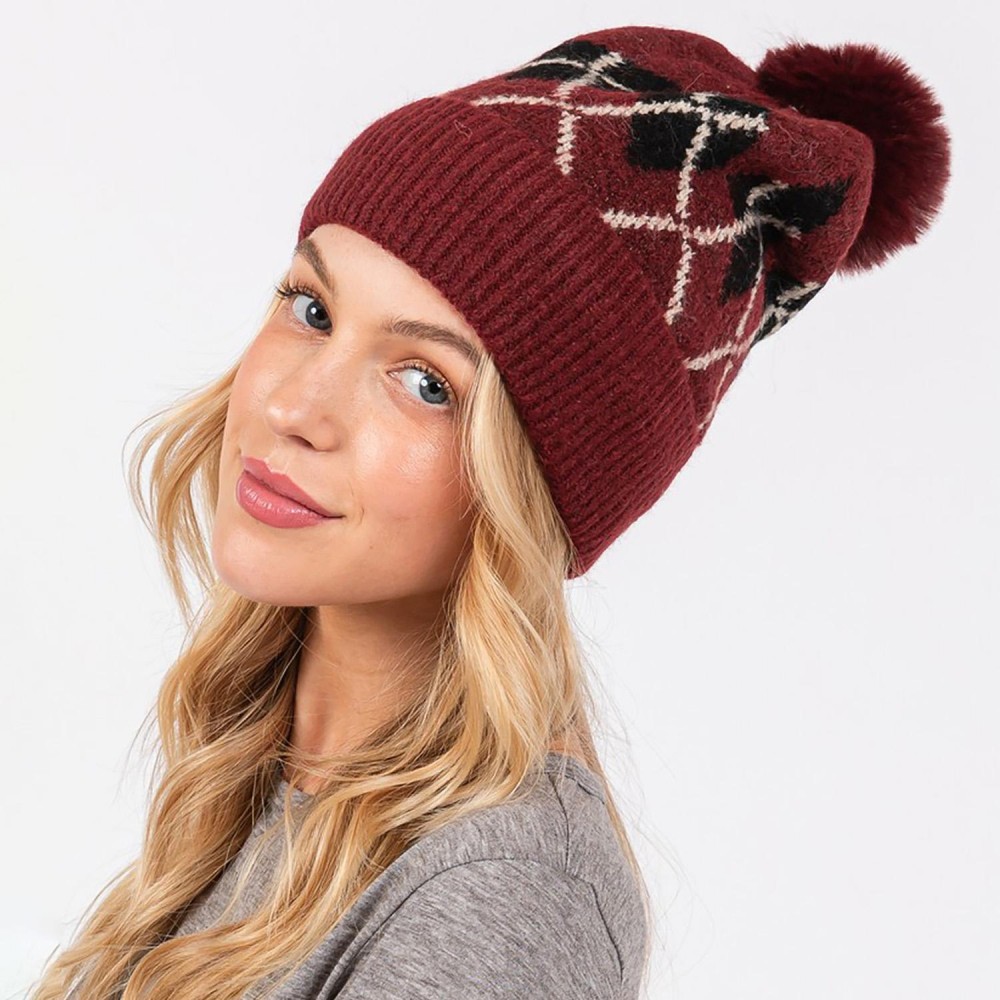 Argyle Pattern Cuffed Beanie With Faux Fur Pom - Lined Inside - One Size Fits Most - 90% Acrylic / 10% Wool view 4