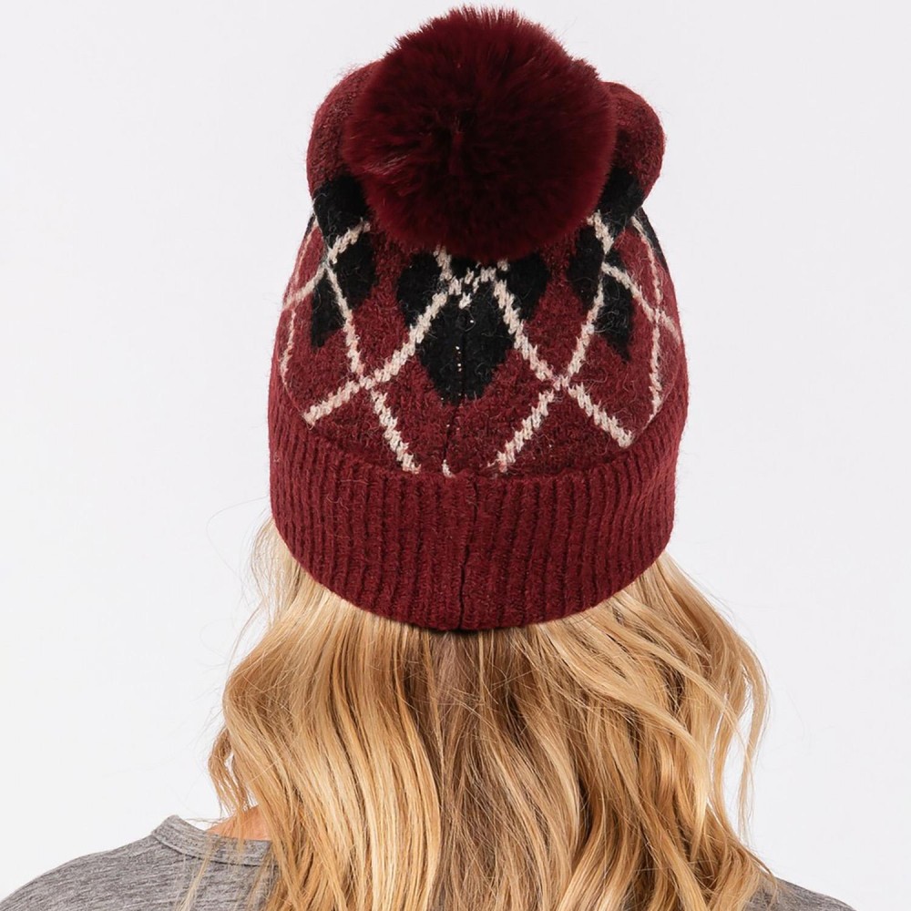 Argyle Pattern Cuffed Beanie With Faux Fur Pom - Lined Inside - One Size Fits Most - 90% Acrylic / 10% Wool view 6