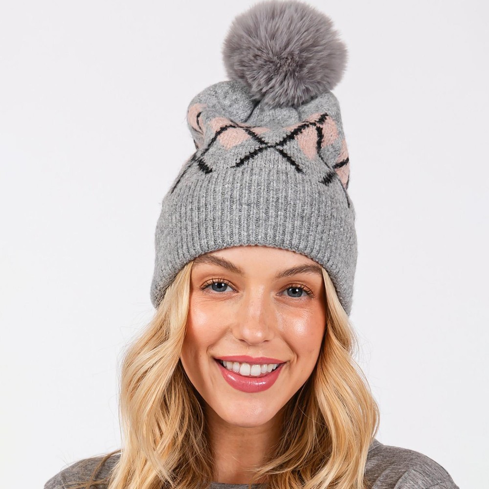 Argyle Pattern Cuffed Beanie With Faux Fur Pom - Lined Inside - One Size Fits Most - 90% Acrylic / 10% Wool view 2
