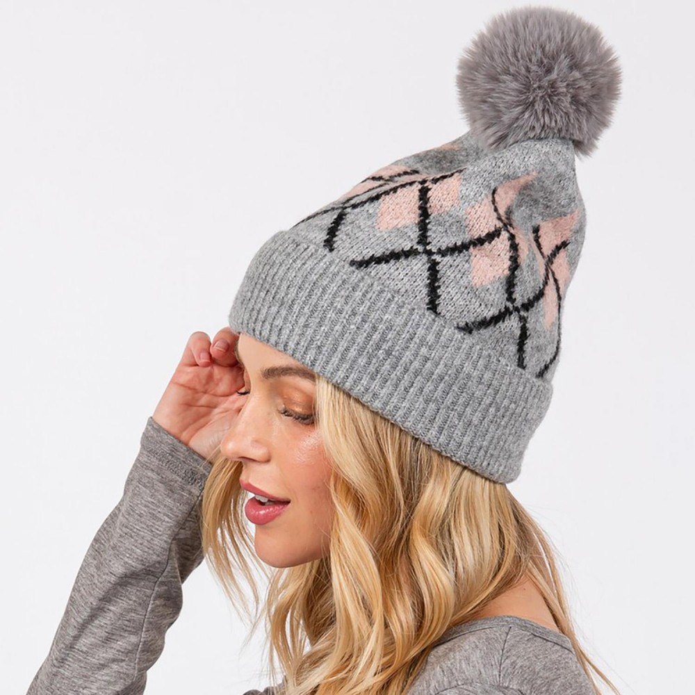 Argyle Pattern Cuffed Beanie With Faux Fur Pom - Lined Inside - One Size Fits Most - 90% Acrylic / 10% Wool view 4