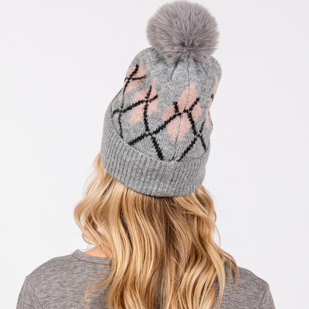 Argyle Pattern Cuffed Beanie With Faux Fur Pom - Lined Inside - One Size Fits Most - 90% Acrylic / 10% Wool view 6