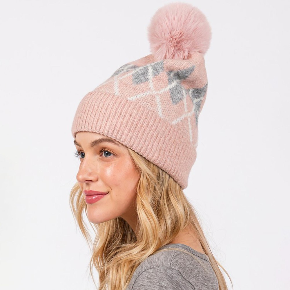 Argyle Pattern Cuffed Beanie With Faux Fur Pom - Lined Inside - One Size Fits Most - 90% Acrylic / 10% Wool view 2