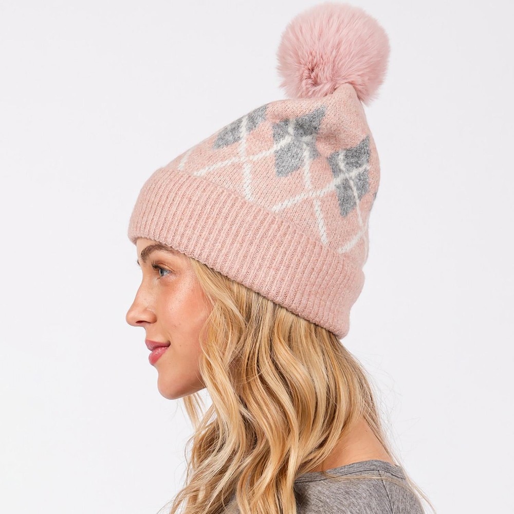 Argyle Pattern Cuffed Beanie With Faux Fur Pom - Lined Inside - One Size Fits Most - 90% Acrylic / 10% Wool view 4